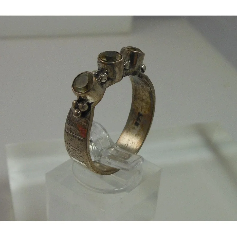 Sterling‎ Silver 925 Three Stone Citrine Granulated Artisan Band Ring Size 9.5